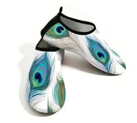 Scarpe da spiaggia per donne e uomini, ad asciugatura rapida, traspiranti, per nuoto, antiscivolo, a piedi nudi, per surf in piscina, piume di pavone verde blu su bianco, verde, blu, bianco, 40/40.5