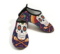 Scarpe da spiaggia per donne e uomini, ad asciugatura rapida, traspiranti, per nuoto, antiscivolo, a piedi nudi, per surf in piscina, teschio messicano colorato etnico Skeleon, Viola, 40/40.5 EU