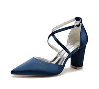 Scarpe da Sposa A Punta Chiuse da Donna per La Sposa Block Heel Scarpe da Sposa in Raso Cinghie Incrociate Sandali da Ballo,Marina Militare,40 EU