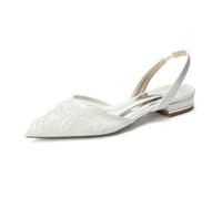 Scarpe da Sposa Basse Slingback in Pizzo Bianco - Modello a Punta con Ricamo di Perle, Comodi Sandali Eleganti con Tacco Basso e Largo per la Sposa,Avorio,40