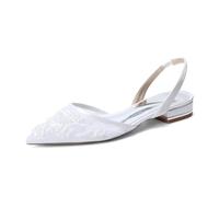 Scarpe da Sposa Basse Slingback in Pizzo Bianco - Modello a Punta con Ricamo di Perle, Comodi Sandali Eleganti con Tacco Basso e Largo per la Sposa,Bianca,39