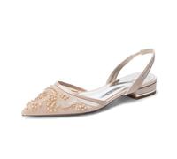 Scarpe da Sposa Basse Slingback in Pizzo Bianco - Modello a Punta con Ricamo di Perle, Comodi Sandali Eleganti con Tacco Basso e Largo per la Sposa,Champagne,38