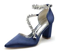 Scarpe da Sposa con Tacco A Blocco da Donna per La Sposa A Punta Strass Strappy Tacchi da Sposa Scarpe da Sera da Sera,Marina Militare,37 EU