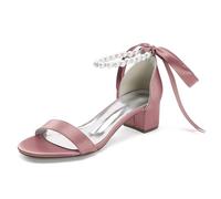 Scarpe da Sposa con Tacco Largo Perla da Donna per La Sposa Cinturino alla Caviglia Scarpe da Sposa in Raso Punta Aperta Sandali,Rosa,35 EU