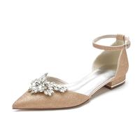 Scarpe da Sposa da Donna, Ballerine in Raso con Punta a Punta, Cinturino alla Caviglia con Strass, Fibbia, da Sposa, Damigella d'Onore,Champagne,38