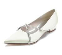 Scarpe da Sposa da Donna da 2,5 cm, Scarpe Basse in Raso con Punta a Punta e Strass, per Damigelle d'Onore, Balli di fine Anno e Feste,Avorio,43