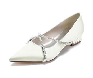 Scarpe da Sposa da Donna da 2,5 cm, Scarpe Basse in Raso con Punta a Punta e Strass, per Damigelle d'Onore, Balli di fine Anno e Feste,Avorio,43