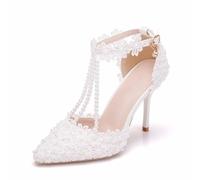 Scarpe da sposa da donna, Décolleté a punta a spillo con fibbia a catena di perle e fiori di pizzo bianco da 9 cm, Matrimonio, festa, sera, abito quotidiano, ufficio, sandali da sposa, 35 EU ,White