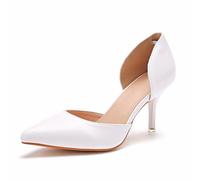 Scarpe da sposa da donna, Décolleté con tacco a spillo a punta cava in tinta unita da 7 cm, Scarpe da sposa per la festa di nozze, per la sera, per l'abito quotidiano, per l'ufficio,34 EU ,White