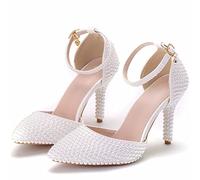 Scarpe da Sposa da Donna, Scarpe da Sposa alla Moda con Perle, décolleté con Tacco a Spillo da 9,5 cm, Adatte per Matrimoni, palchi e Feste.,Bianca,35 EU