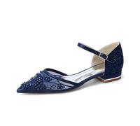 Scarpe da Sposa Donna Basse con Fiori in Pizzo e Perle, Eleganti Scarpe da Cerimonia a Punta con Cinturino alla Caviglia, Ballerine per Matrimonio e Serata,Dark Blue,36 EU