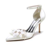 Scarpe da Sposa Donna Bianche, Tacco Alto, Perle, Strass, Fibbia Caviglia, Decollete, Festa da Sposa,Avorio,41
