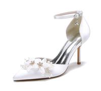 Scarpe da Sposa Donna Bianche, Tacco Alto, Perle, Strass, Fibbia Caviglia, Decollete, Festa da Sposa,Bianca,43