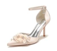 Scarpe da Sposa Donna Bianche, Tacco Alto, Perle, Strass, Fibbia Caviglia, Decollete, Festa da Sposa,Champagne,39