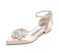 Scarpe da Sposa in Raso con Fiore di Strass, Ballerines a Punta Eleganti, Tacco Basso 2.5cm per Cerimonia