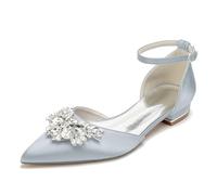 Scarpe da Sposa in Raso con Fiore di Strass, Ballerines a Punta Eleganti, Tacco Basso 2.5cm per Cerimonia