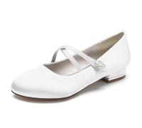 Scarpe da Sposa in Raso con Punta Tonda, Scarpe da Sera, Ballerine, Scarpe da Ballo,Bianca,37