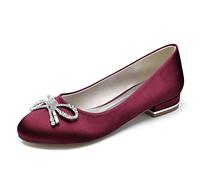 Scarpe da Sposa in Raso da Donna Punta Tonda Piatta Ballerine Slip on Abito da Sposa Sandali con Strass,Burgundy,41 EU