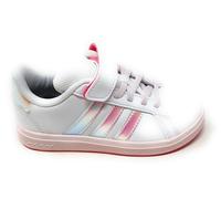 Scarpe da Tennis Grand Court per Ragazza,Bianco e Iridescente,Modello JS3939,Suola in Gomma Rosa (Bianco Rosa e Iridescente, Sistema Taglie Calzature EU, Adolescente, Numero, Media, 34)