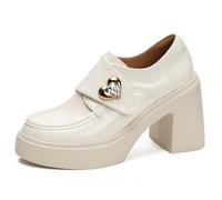 Scarpe da Ufficio Professionali Donna Platform Tacco Grosso Punta Affusolata Mocassini per Insegnanti e Lavoro in Banca Tacco 10CM Stabile,Bianca,36 EU