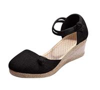 Scarpe Donna Eleganti Comode Sandali Mare Donne Ladies Retro Linen Canvas punta rotonda Sandali Casuali Singles Scarpe Sandalo Gioiello Donna con Zeppa Estive (Black 40)