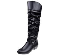 Scarpe Donna Stivali Stivaletti Tronchetto Alto Stivali Donna Slip-On Tacco Quadrato Tinta Unita Scarpe Alte al Ginocchio Punta Tonda (43,Nero)