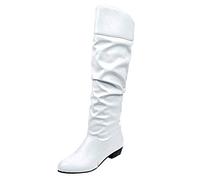 Scarpe Donna Stivali Stivaletti Tronchetto Alto Stivali Donna Slip-On Tacco Quadrato Tinta Unita Scarpe Alte al Ginocchio Punta Tonda (39,Bianca)
