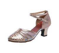 Scarpe eleganti da donna con punta chiusa, cinturino alla caviglia, tacco a blocco, metallizzate, per feste, matrimoni, ospiti, Oro rosa, 37.5 EU