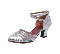 Scarpe eleganti da donna con punta chiusa, cinturino alla caviglia, tacco a blocco, metallizzate, per feste, matrimoni, ospiti, Argento, 38.5 EU