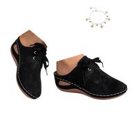 Scarpe Estive Comode Da Donna, Ciabatte Aperte Da Infilare Con Dettaglio Con Lacci E Design Traforato, Pantofole Leggere Per Casa Giardino Vacanze Uso Quotidiano Con Cavigliera,Nero,42 EU