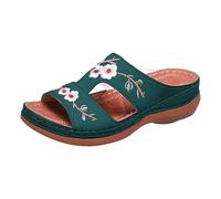 Scarpe estive romane da donna con tacco inclinato fondo spesso ricamo fiore una parola aperta Toe pantofole ricamate diapositive per le donne, Verde, 37 EU