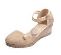 Scarpe Gioiello Sandali Zeppa Donna Estive Donne Ladies Retro Linen Canvas punta rotonda Sandali Casuali Singles Scarpe Sandalo Gioiello Cerimonia Mare Donna (Beige 39)