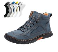 Scarpe in pelle cucite a mano, scarpe da trekking da uomo, con supporto per arco plantare, anti-affaticamento, antiscivolo, antiurto, stivali da corsa caldi, Blu scuro, 42 2/3 EU