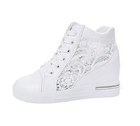 Scarpe in pizzo con zeppa in gomma per le donne con piattaforma rialzata, comode scarpe casual da donna alla moda con tacco a zeppa, bianco, 38 EU