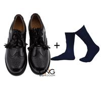 Scarpe Kilt Ghillie Brogue Da Uomo Scozzesi In Pelle Nera Con Calze Blu