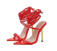 Scarpe larghe da donna a testa quadrata con tacco sottile traspirante una linea sandali con tacco alto, Rosso, 37 EU