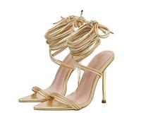 Scarpe larghe da donna a testa quadrata con tacco sottile traspirante una linea sandali con tacco alto, Oro, 39 EU