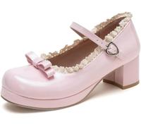 Scarpe Lolita da Donna con Tacco Platform Largo, Stile Kawaii con Pizzo E Farfalla (Rosa,40)