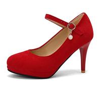 Scarpe Mary Jane a Spillo da Donna, Pompe al Tallone Alto Punta Rotonda Fibbia Vestito Pumps con Plateau Semplici Funsnf Rosso Numero 49 EU