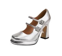 HIKKWXVN Scarpe Mary Jane con Doppia Fibbia alla Caviglia da Donna, Scarpe con Tacco Spesso e Punta Quadrata, Scarpe da Sposa con Tacco Alto,Argento,37 EU