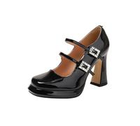 Scarpe Mary Jane con Tacco a Blocco e Punta Chiusa da Donna, Scarpe con Fibbia alla Caviglia e Punta Quadrata, Scarpe con Tacco Alto e Spesso, Scarpe da Festa e Matrimonio,Nero,38 EU