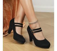 Scarpe Mary Jane da donna con design a doppia fibbia, punta tonda, impermeabili, con tacco a cono e tomaia bassa, eleganti e alla moda in primavera e autunno, sintetico nero, eleganti, décolleté da do