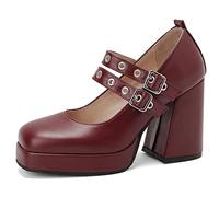 Scarpe Mary Jane da Donna con Tacco Grosso, Pompe al Tallone Alto Square Toe Fibbia Vestito Pumps con Plateau retrò Fwgncj Vino Rosso Numero 36 EU