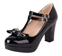 Scarpe Mary Jane da Donna con Tacco Largo, Pompe al Tallone Alto Punta Rotonda Fibbia Scarpe da Festa con Plateau con Cinturino a T Bowknot Moda Qskmwt Nero Numero 33 EU