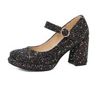 Scarpe Mary Jane da Donna con Tacco Largo, Pompe al Tallone Alto Punta Rotonda Fibbia Scarpe da Sera con Plateau Paillettes Moda Dancing Boots Iirxmf Nero Numero 41 EU