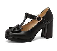 Scarpe Mary Jane da Donna con Tacco Largo, Pompe al Tallone Alto Punta Rotonda Fibbia Vestito Pumps con Plateau con Cinturino a T Bowknot Classico Rdwuua Nero Numero 39 EU