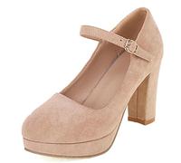 Scarpe Mary Jane da Donna con Tacco Largo, Pompe al Tallone Alto Punta Rotonda Fibbia Vestito Pumps con Plateau Eleganti Scarpe da Sera Rytbkx Beige Numero 33 EU