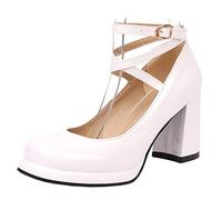 Scarpe Mary Jane da Donna con Tacco Largo, Pompe al Tallone Alto Punta Rotonda Fibbia Vestito Pumps con Plateau Criss Cross Strap Moda Tpceic Bianco Numero 33 EU