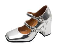 Scarpe Mary Jane da Donna Doppio Cinturino Vernice Tacchi a Punta Quadrata Comode décolleté con Tacco a Blocco-Elegante e Raffinato per Ufficio, Matrimoni, Feste ed Eventi serali Argento 39.5 EU