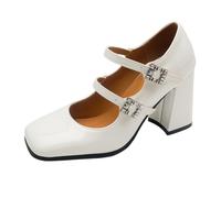 Scarpe Mary Jane da Donna Doppio Cinturino Vernice Tacchi a Punta Quadrata Comode décolleté con Tacco a Blocco-Elegante e Raffinato per Ufficio, Matrimoni, Feste ed Eventi serali Bianco 40 EU